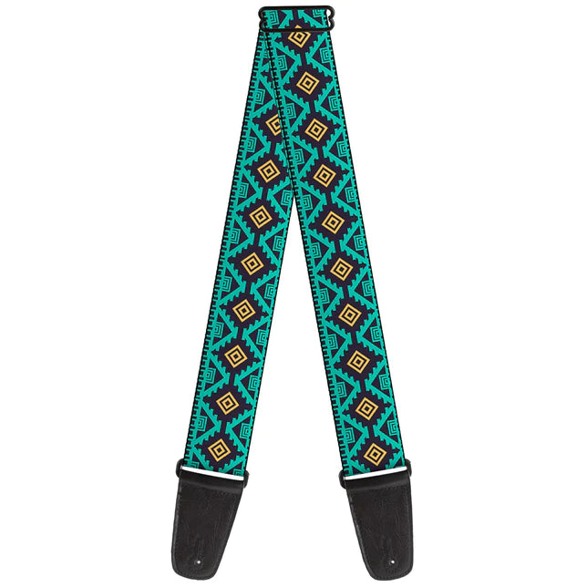Buckledown Guitar Strap - Geometric 6 Navy Turquoise Gold